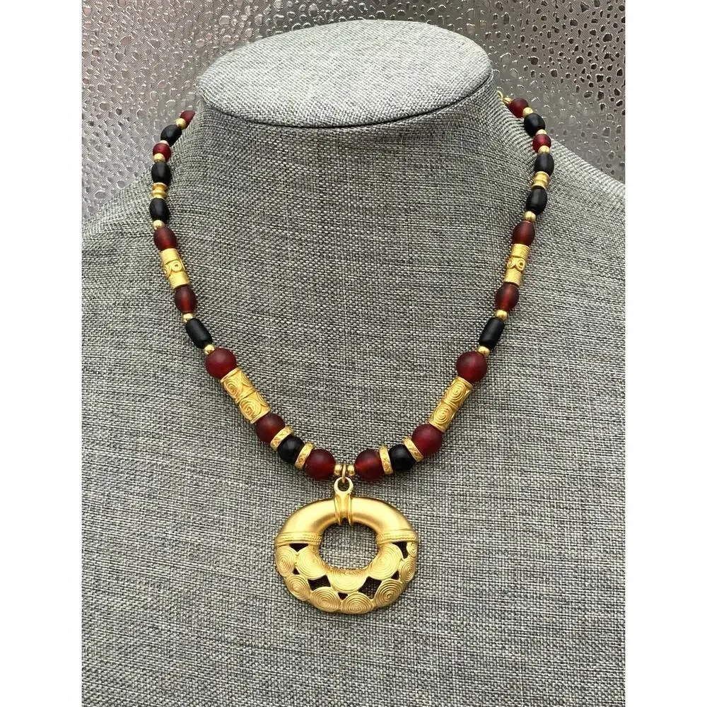 Inca Necklace Glass Beads Gold Tone Beads 17”